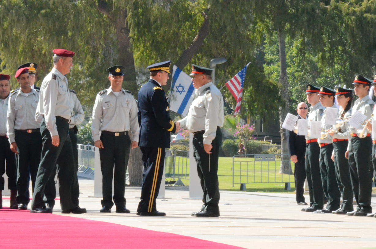 Israeli soldiers and band members prepare for a visit from Chairman of the Joint Chiefs of Staff U.S. Army Gen. Martin E. Dempsey